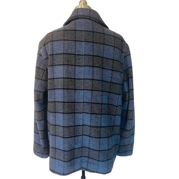 J Crew Blue Black Plaid Jacket Peacoat Wool Blend Button LS Lined sz L $365 EUC - Picture 4 of 8